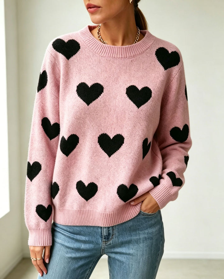Damen Herz-Intarsien Rundhalspullover mit lässiger Oversize-Passform – Mavelle