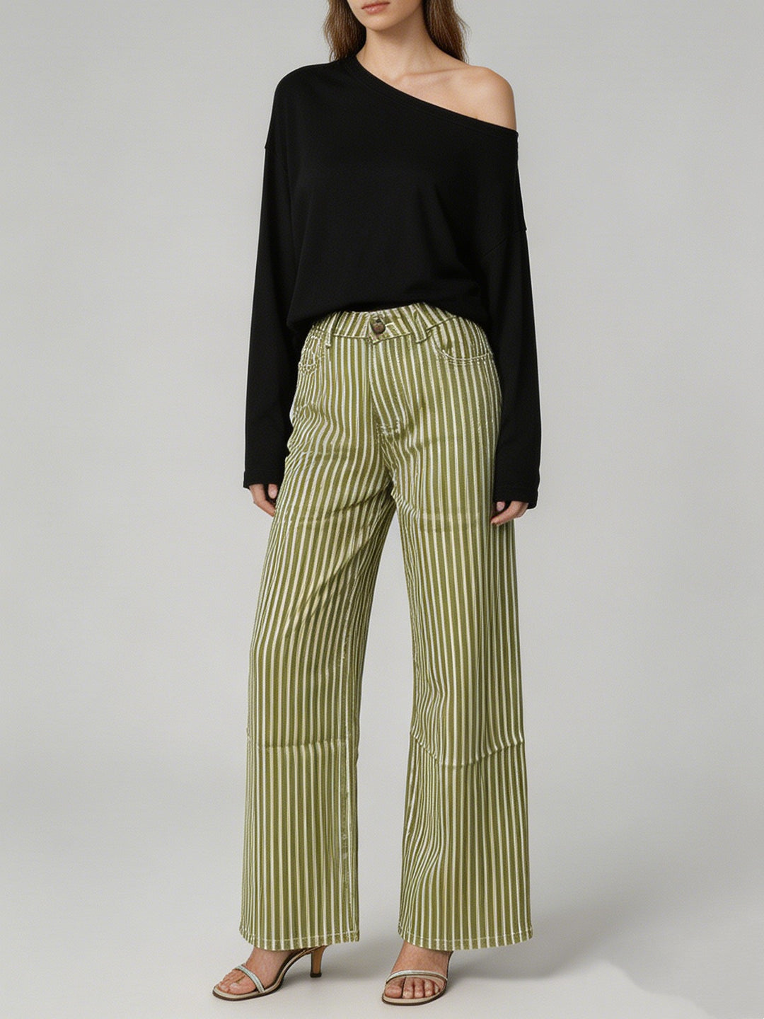 Damen nan weite High-Waist Palazzohose mit vertikalen Streifenoptik und abgesteppten Kniepartien Echo Archiv