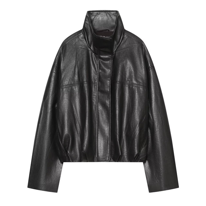 Damen Cropped Boxy Kunstlederjacke mit hohem Funnelkragen und verdeckter Leiste Echoarchiv