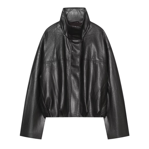 Damen Cropped Boxy Kunstlederjacke mit hohem Funnelkragen und verdeckter Leiste Echoarchiv