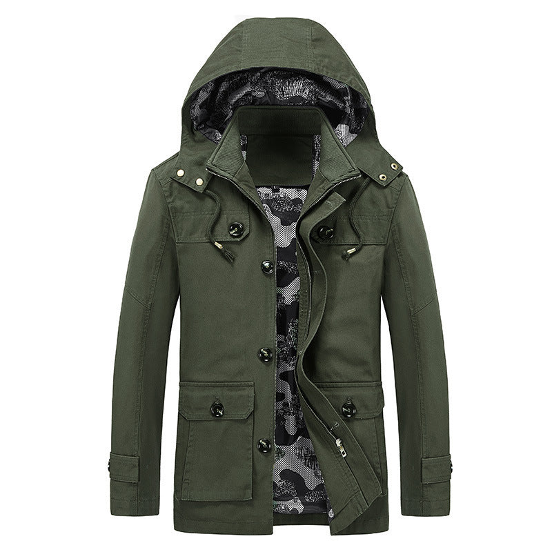 Herren mittellange Canvas-Fieldjacke mit Kapuze, Cargo‑Taschen und Camouflage‑Innenfutter Echo Archiv