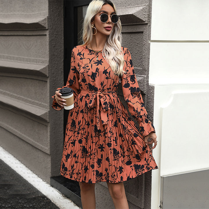 Damen Plissiertes Midikleid mit Bindegürtel, langärmeliger A‑Linie und floralem Allover-Print Echoarchiv