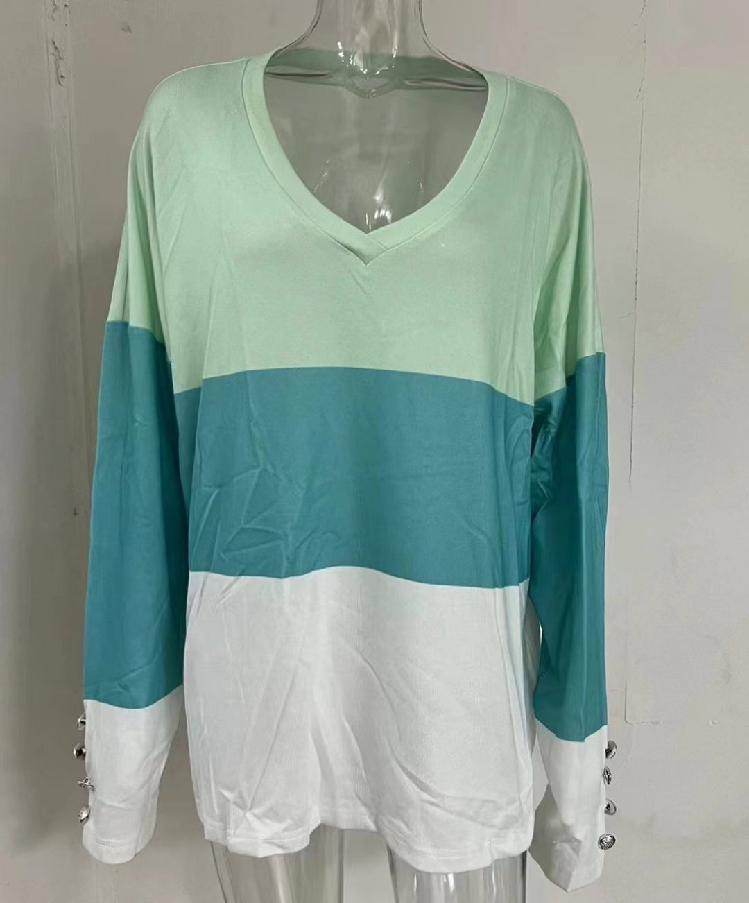 Damen Colorblock V-Ausschnitt Sweatshirt mit Zierknöpfen an den Ärmeln – Mavelle