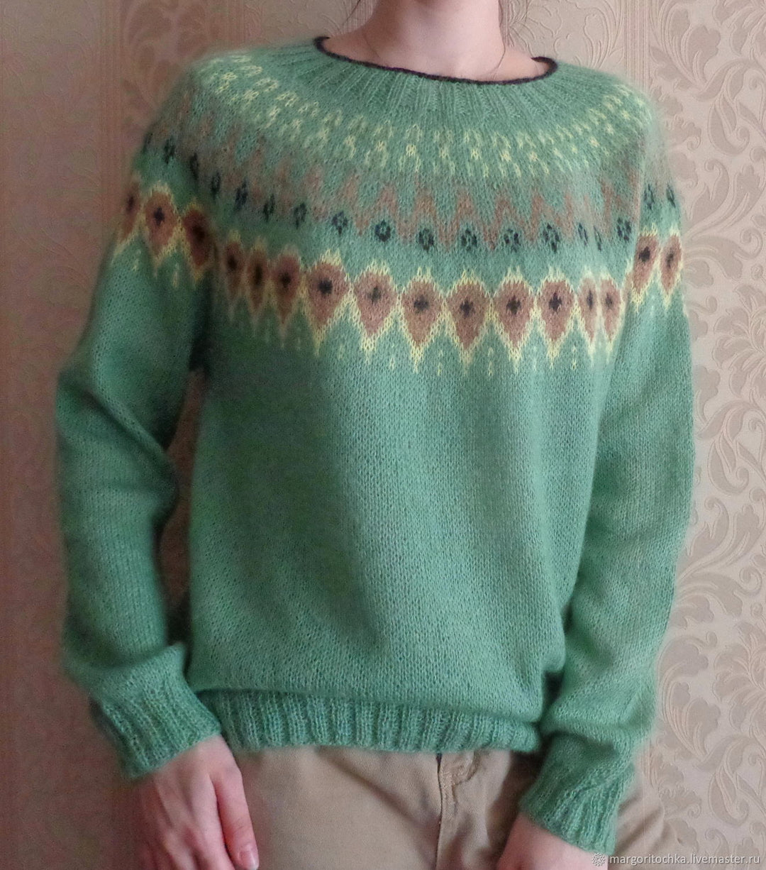 Damen nan Norwegerpullover aus Wollmix mit Rundhalsausschnitt und traditionellem Fair-Isle-Yoke Echo Archiv