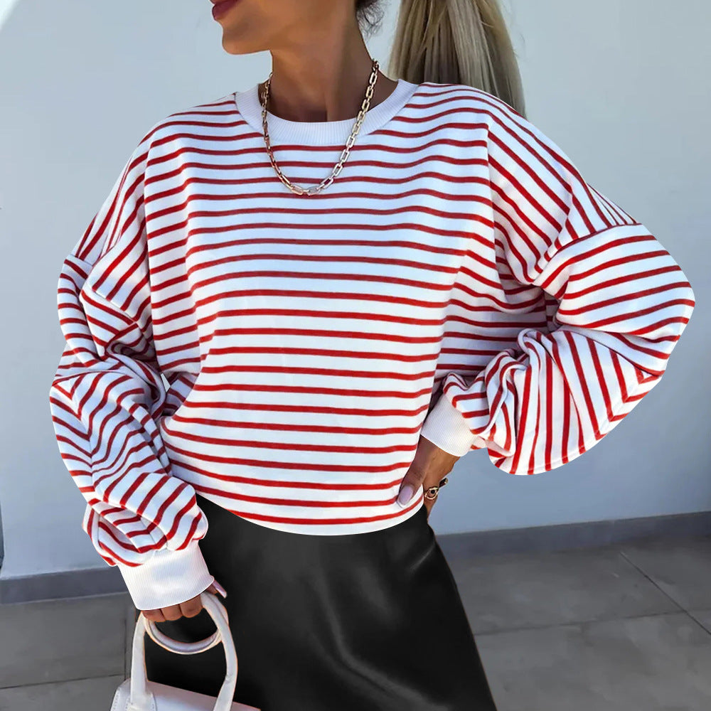 Damen lässiges gestreiftes SwEchoarchivtshirt mit Boxy-Schnitt und kontrastierenden Abschlüssen Echoarchiv