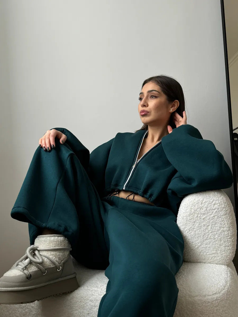 Damen kurzes Kapuzenzipper-Lounge-Set mit oversized Ärmeln und weitem Jogginghose-Schnitt – Auréline