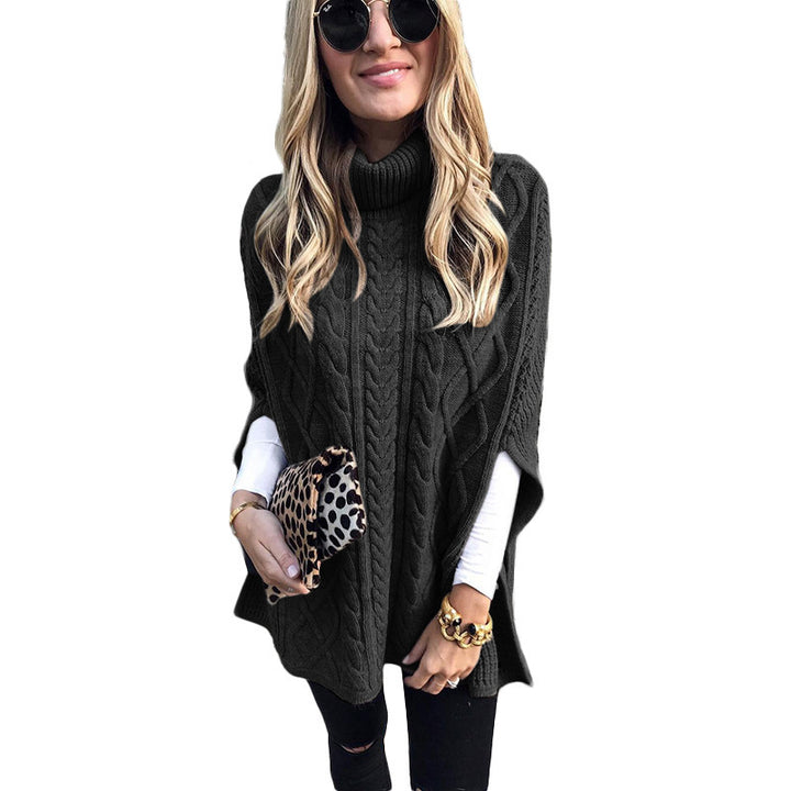Damen nan kastiger Strickponcho mit hohem Rollkragen, Zopfstruktur und seitlichen Schlitzen Echo Archiv