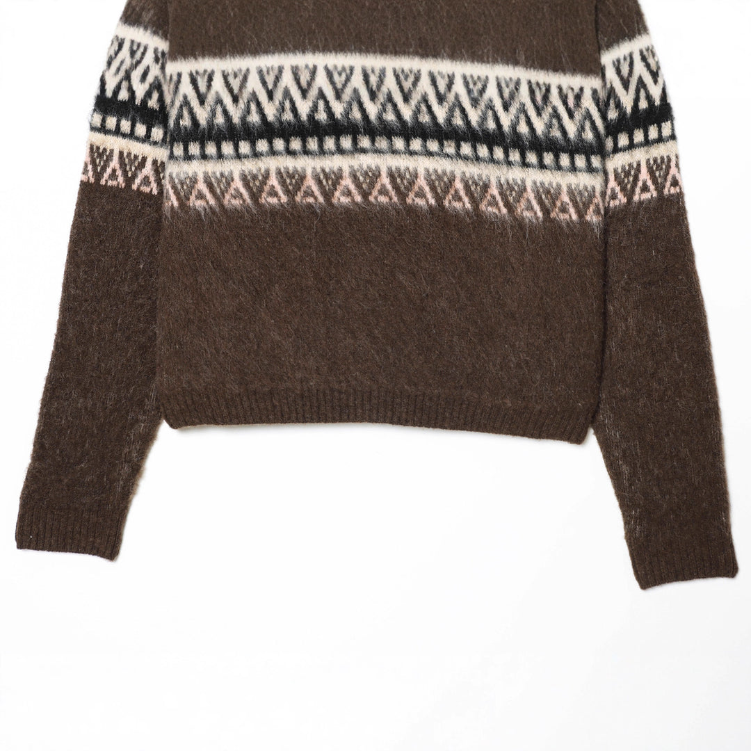 Damen Norwegerpullover aus Mohairmix mit Rundhalsausschnitt, lockerem Schnitt und Jacquardmuster – Mavelle