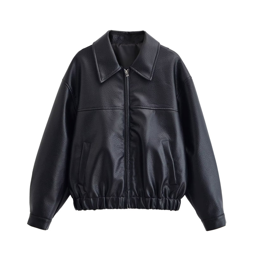 Damen Oversized Kunstleder-Bomberjacke mit Hemdkragen Reißverschluss und elastischem Saum Echo Archiv