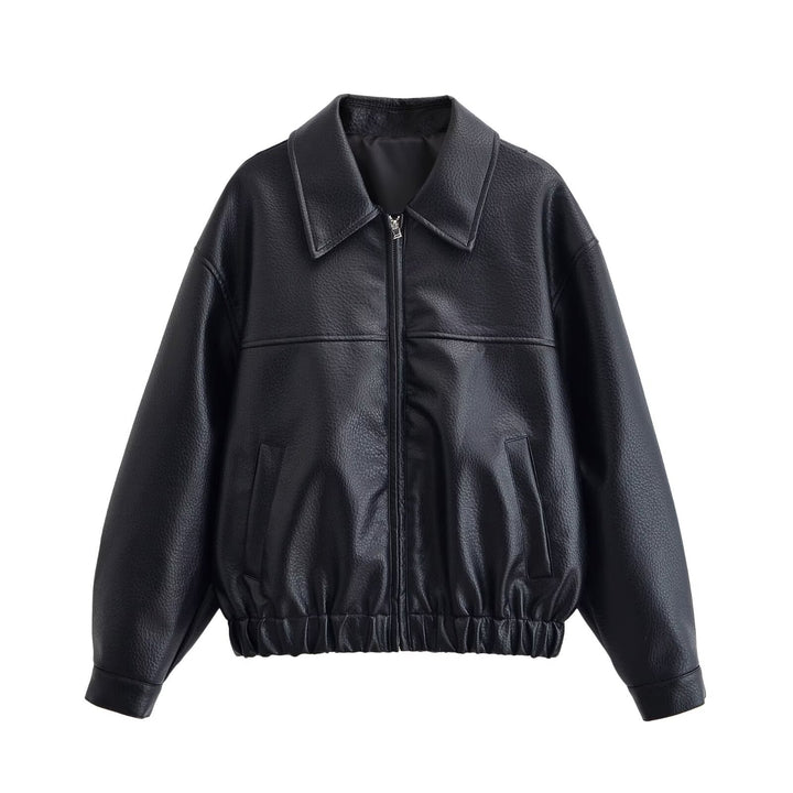 Damen Oversized Kunstleder-Bomberjacke mit Hemdkragen Reißverschluss und elastischem Saum Echo Archiv