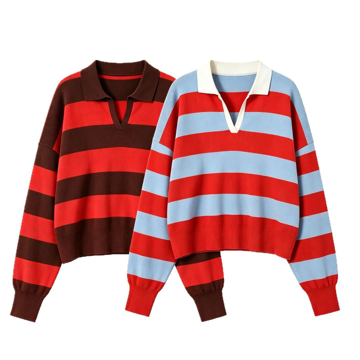 Damen Cropped Oversize Rugby-Pullover mit Polokragen und tiefem V‑Ausschnitt Echoarchiv