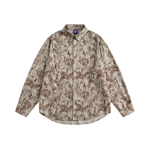 Unisex Oversized Hemdjacke mit floraler Jacquardstruktur und abgerundetem Saum Echoarchiv