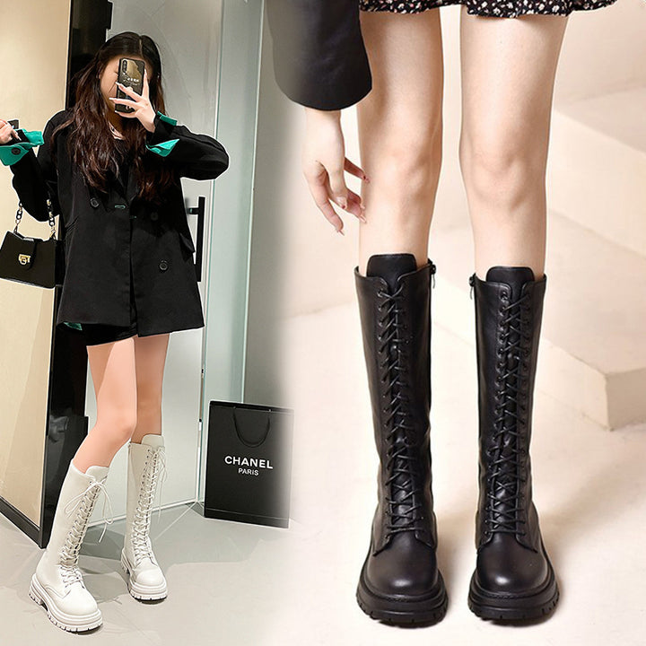 Damen Kniehohe Schnürstiefel mit seitlichem Reißverschluss und grober Profilsohle – Lioré