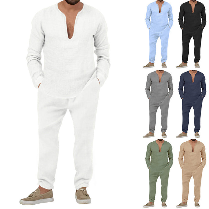 Herren Elegantes Leinen-Loungewear-Set mit Stehkragen Echoarchiv