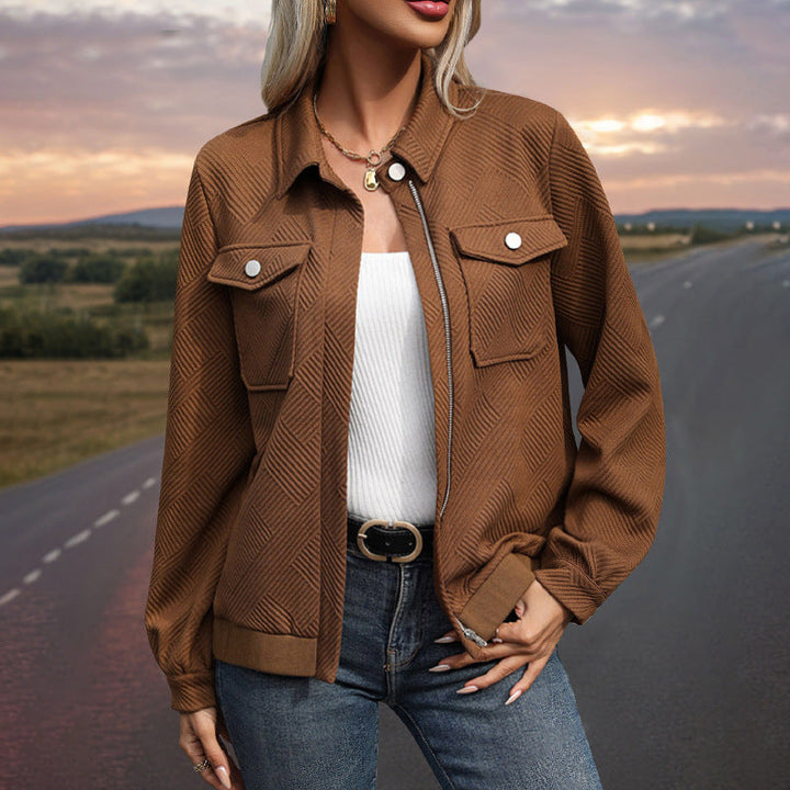 Damen Gestepptes Übergangs‑Shacket mit Klappentaschen, Reißverschluss und Strukturjacquard Echoarchiv