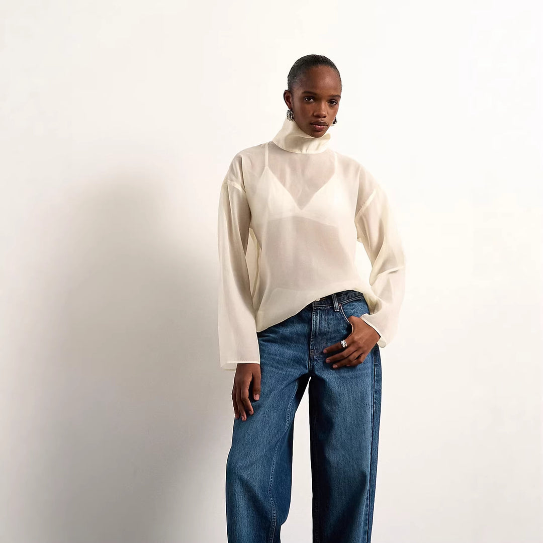 Damen Elegante Bluse aus transparentem Stoff mit stehendem Kragen Echo Archiv