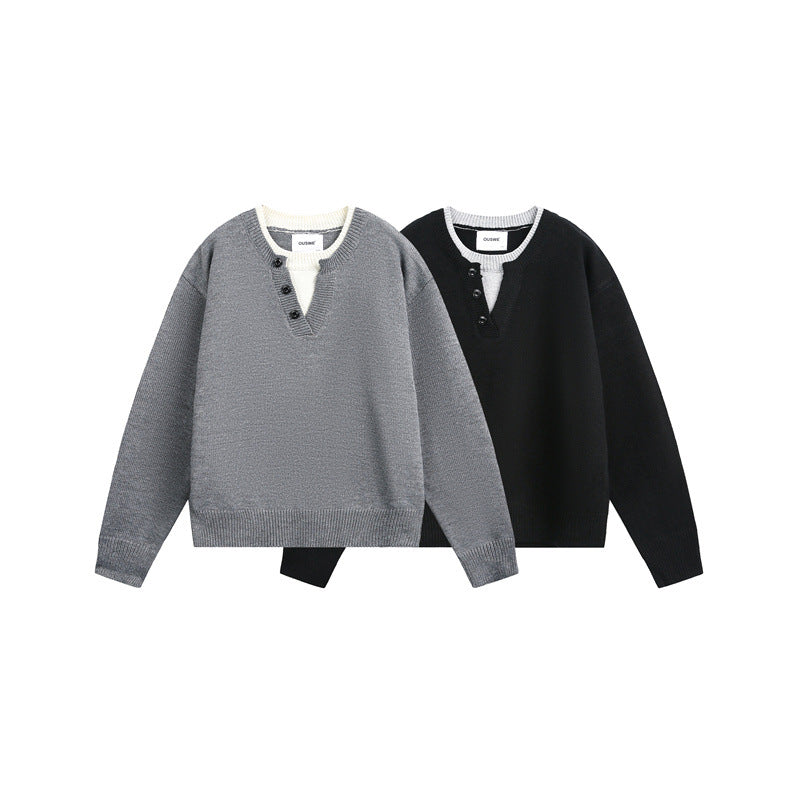 Unisex Grobgestrickter Pullover mit V‑Knopfleiste und Lagenkragen Echoarchiv