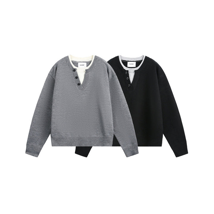 Unisex Grobgestrickter Pullover mit V‑Knopfleiste und Lagenkragen Echoarchiv