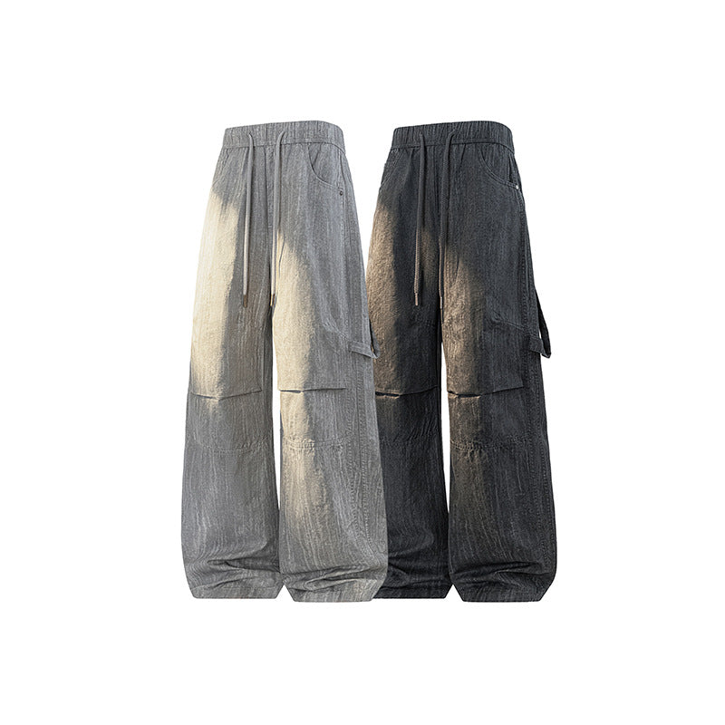 Damen Weite Leinenoptik Cargo-Bundhose mit Tunnelzug, Knieabnähern und asymmetrischer Seitentasche Echo Archiv