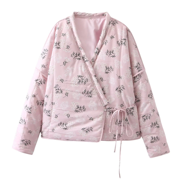 Damen wattierte Kimono-Übergangsjacke mit V-Ausschnitt Taille-Bindegürtel und zartem Blumenallover – Célinea