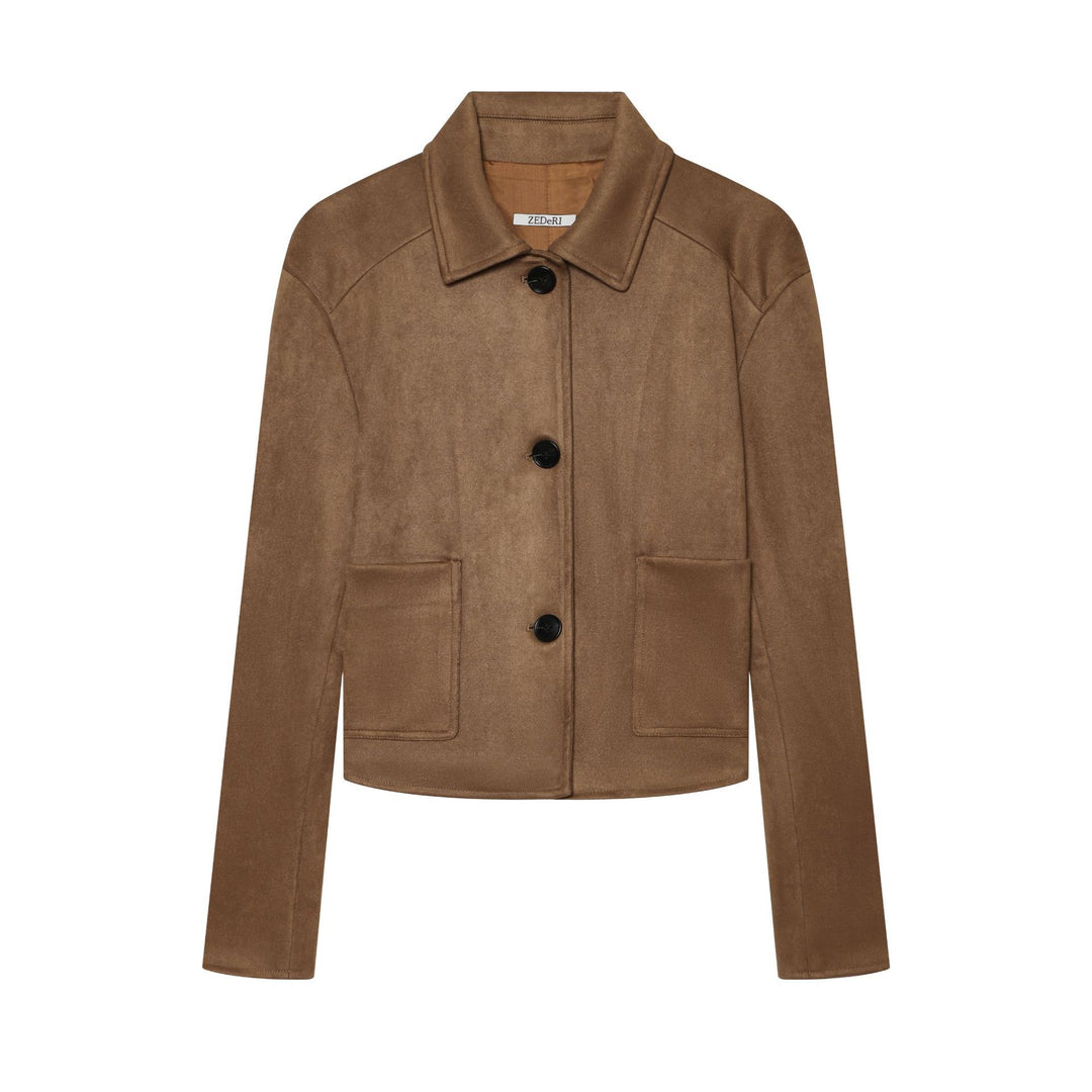 Damen Taillierter Cropped-Blouson aus Veloursimitat mit Hemdkragen und aufgesetzten Taschen Echo Archiv