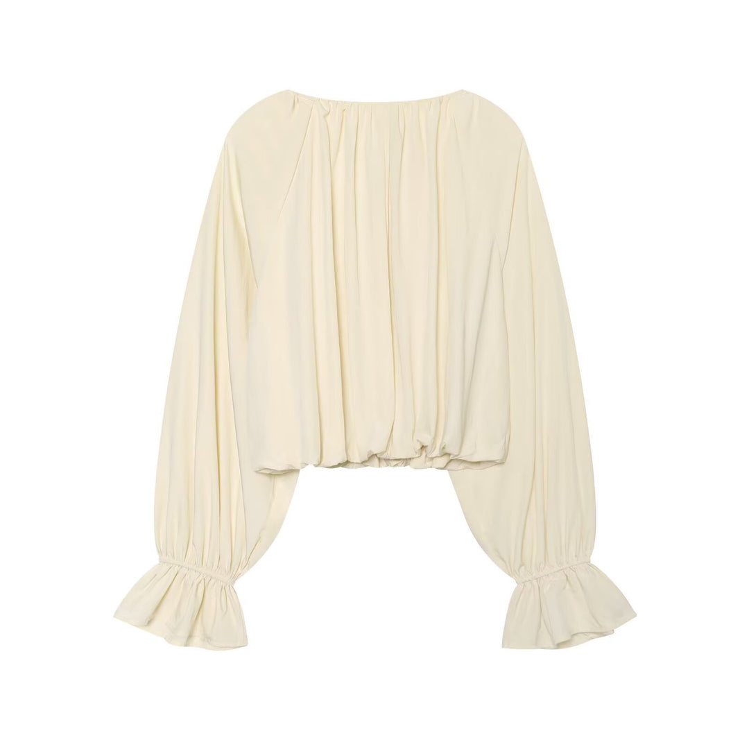 Damen Kurze Bluse im Boho‑Stil mit Tunnelzug, Volantärmeln und gerafftem Saum Echo Archiv