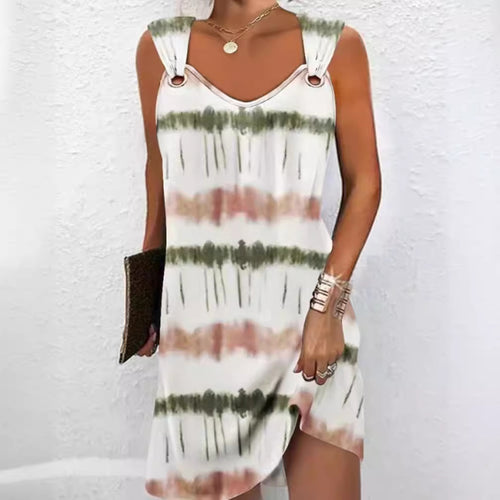 Damen nan ärmelloses V-Ausschnitt-Sommerkleid mit dekorativen Metallösen an breiten Trägern und lässiger A-Linien-Silhouette Echo Archiv