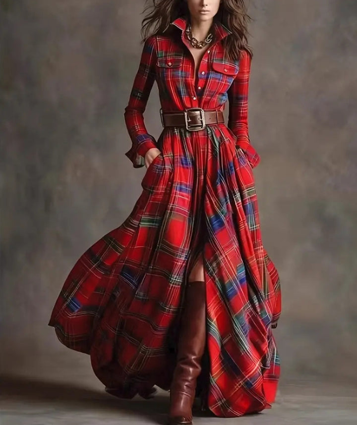 Damen nan karierte Maxikleid Hemdblusenkleid mit ausgestelltem Rock und breitem Taillengürtel Echo Archiv