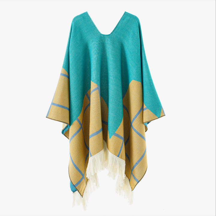 Damen Ornamentaler Jacquard‑Poncho mit V‑Ausschnitt und Fransensaum Echo Archiv