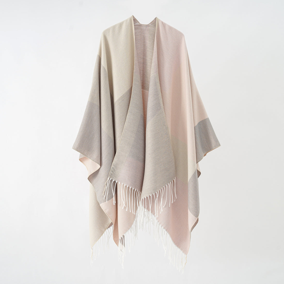 Damen Großer Wolloptik-Poncho mit geometrischem Blockmuster und Fransensaum – Célinea