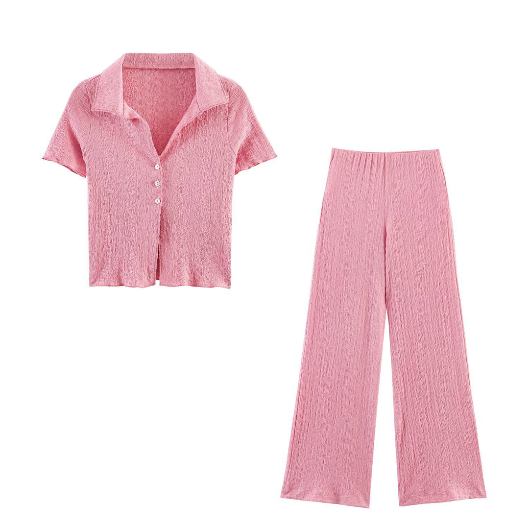 Damen Zweiteiliges Feinstrick-Set mit Kurzarm-Polokragen-Top und High‑Waist Weitbein‑Hose Echo Archiv