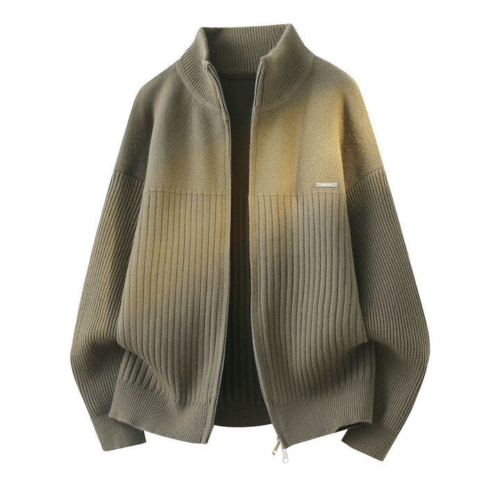 Unisex Oversize Strick-Cardigan mit Stehkragen, durchgehendem Reißverschluss & Struktur-Rippstrick Echoarchiv