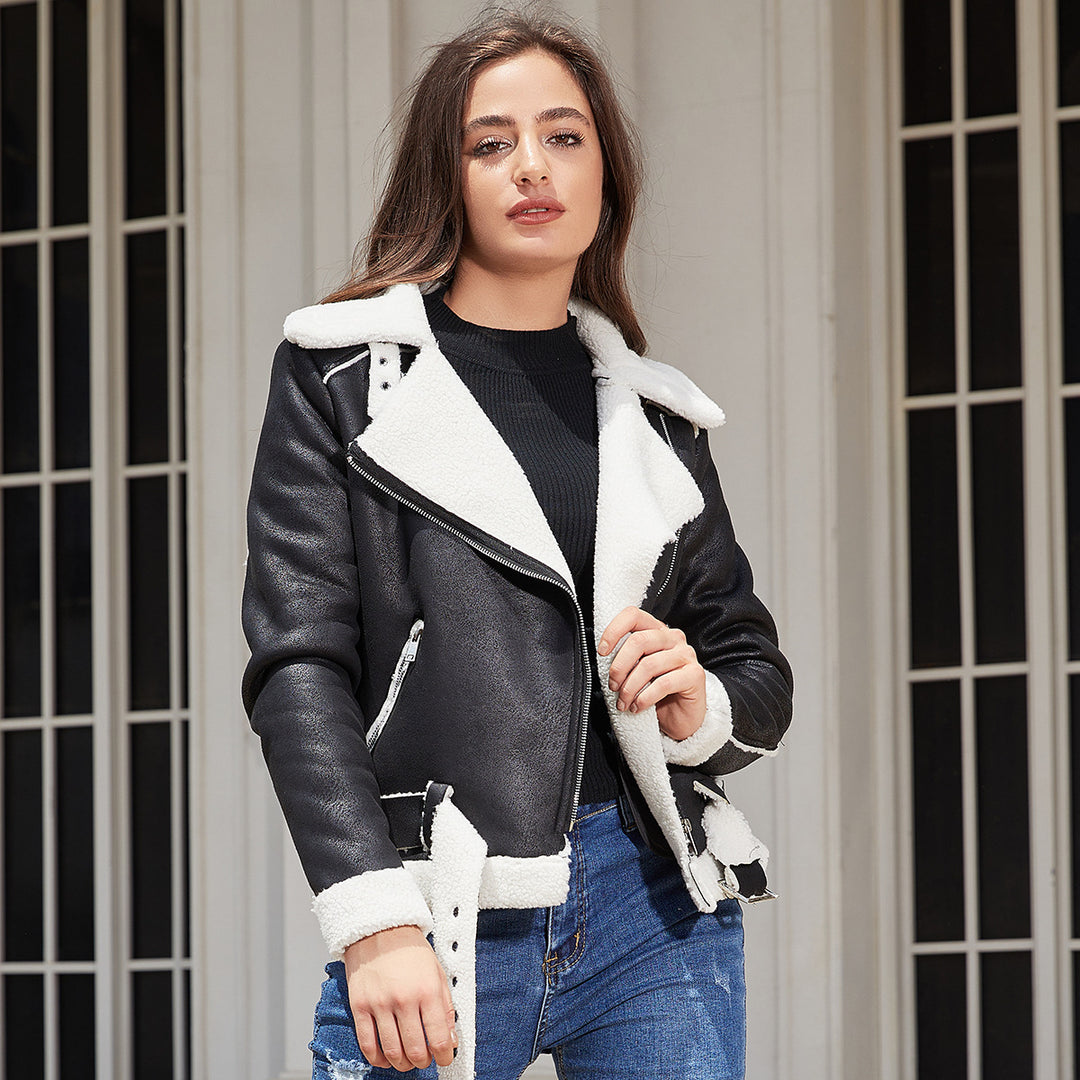 Damen nan taillierte Lammfellimitat-Fliegerjacke mit Gürtel und Teddyfutter Echo Archiv