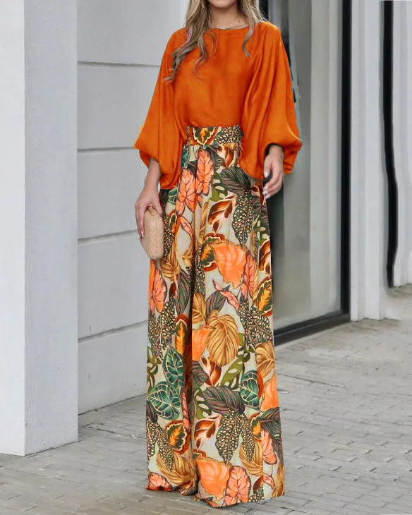 Damen Zweiteiler-Set aus Bluse mit Ballonärmeln und High-Waist Palazzo-Hose – Élanora