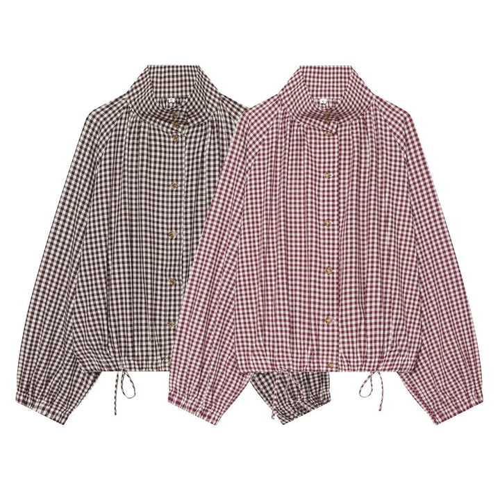 Damen karierte Bluse mit Stehkragen und Tunnelzugsaum Echo Archiv