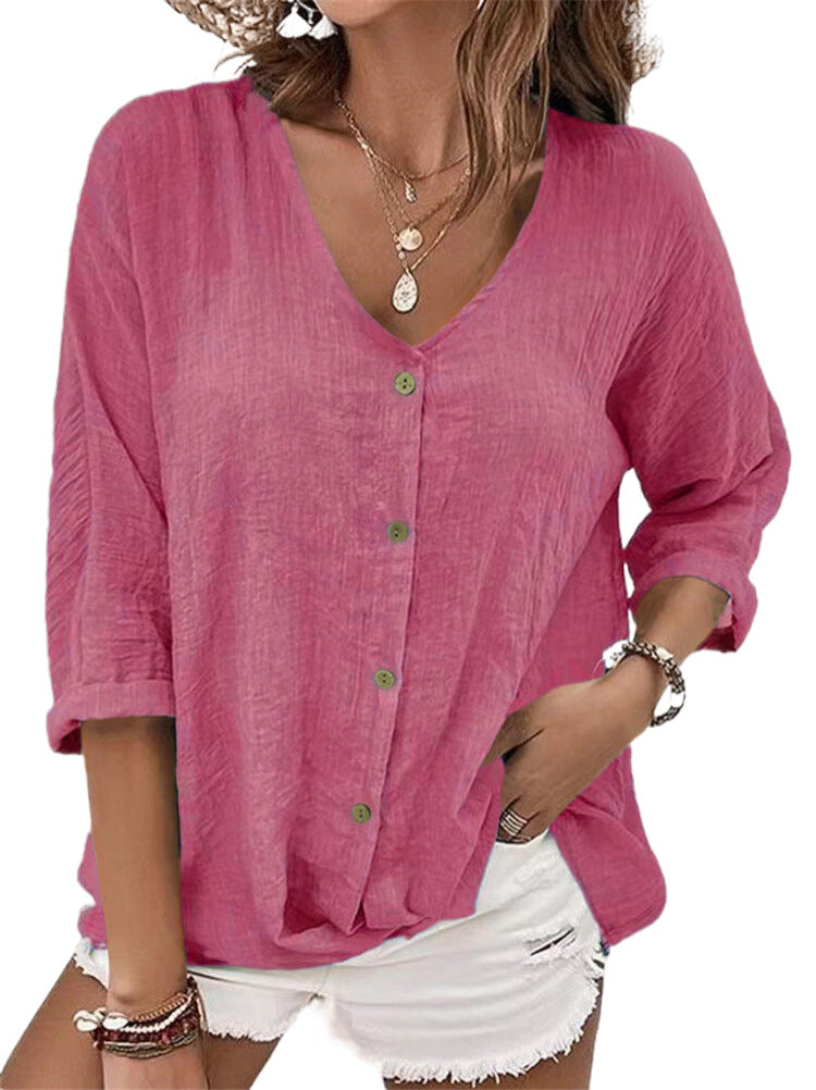Damen lockere V-Ausschnitt Bluse im Leinenlook mit Knopfleiste und hochrollbaren Dreiviertelärmeln – Élovi