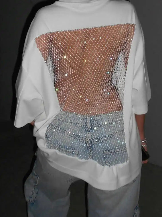 Damen nan Oversize-T-Shirt mit transparentem Netzrücken, Strassbesatz und Jeans-Print Echo Archiv