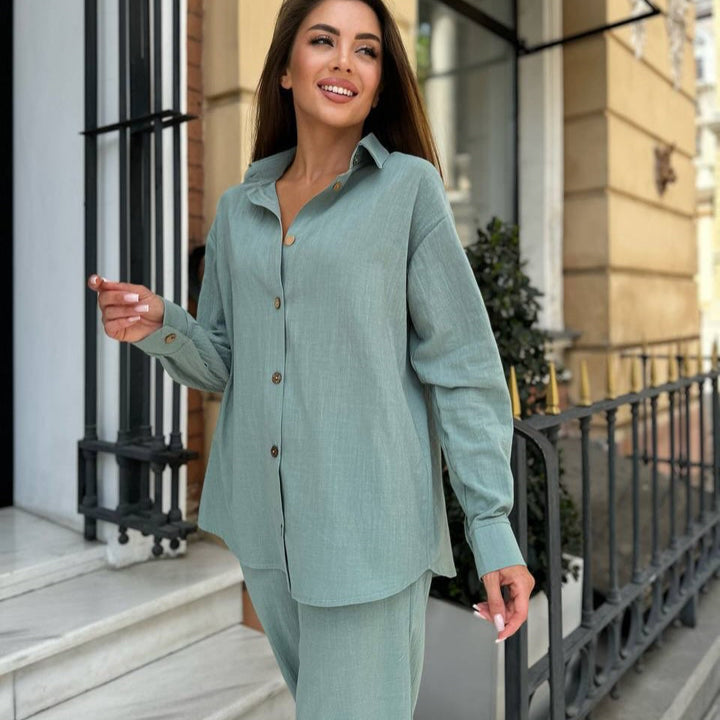 Damen Leichter Leinen-Zweiteiler mit oversized Hemd und High‑Waist Palazzohose – Élanora