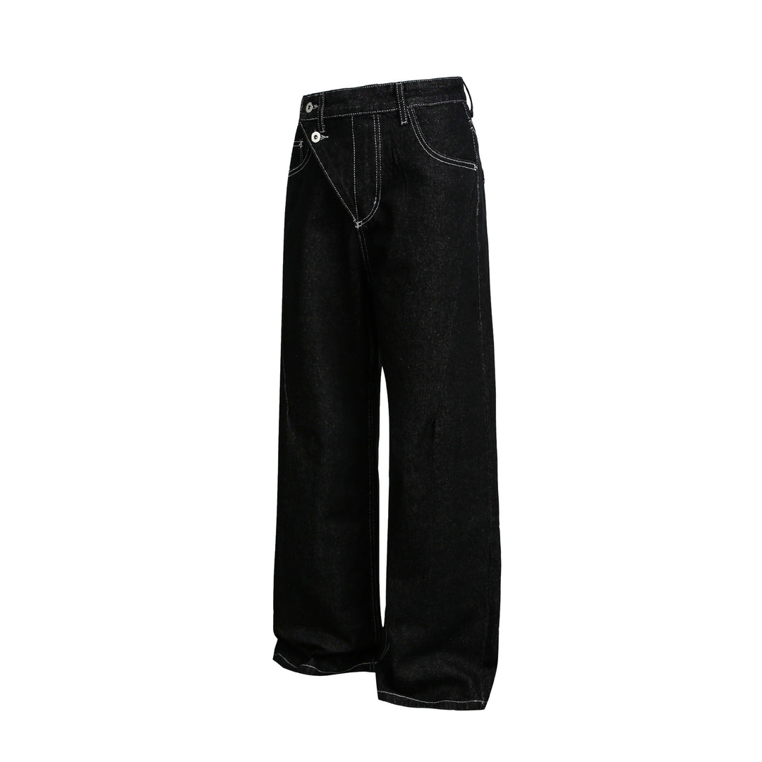 Damen Weite High-Waist Jeanshose mit asymmetrischem Knopfverschluss und Kontrastnähten Echoarchiv