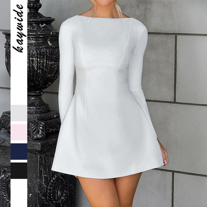 Damen tailliertes A-Linien Kleid mit U-Boot-Ausschnitt, langer Arm und dezenten Eingrifftaschen – Élara