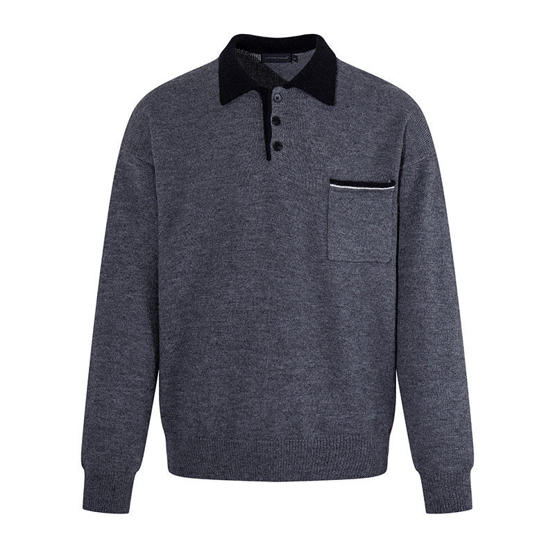 Herren Poloshirt-Strickpullover mit Knopfleiste, Brusttasche und Kontrastkragen Echoarchiv
