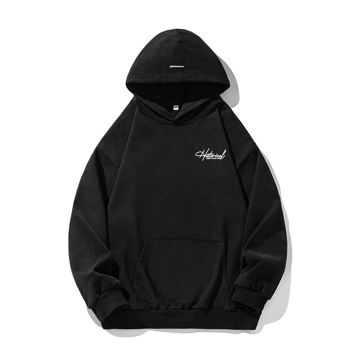 Unisex Komfort-Kapuzenpullover mit verlängertem Rückenteil, Raglanärmeln und Script-Stickerei Echo Archiv