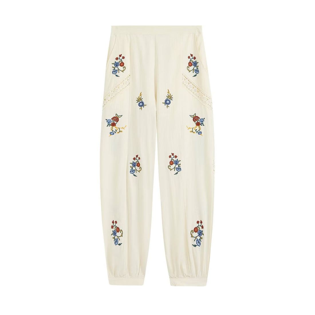 Damen Locker geschnittene Boho-Hose mit floraler Stickerei, Spitzeneinsätzen und elastischen Bündchen Echo Archiv