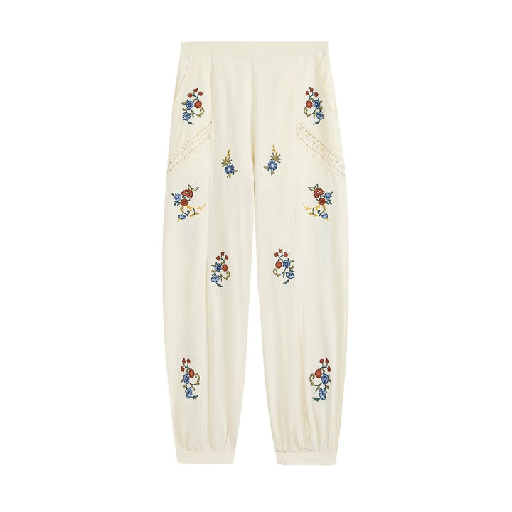 Damen Locker geschnittene Boho-Hose mit floraler Stickerei, Spitzeneinsätzen und elastischen Bündchen Echo Archiv