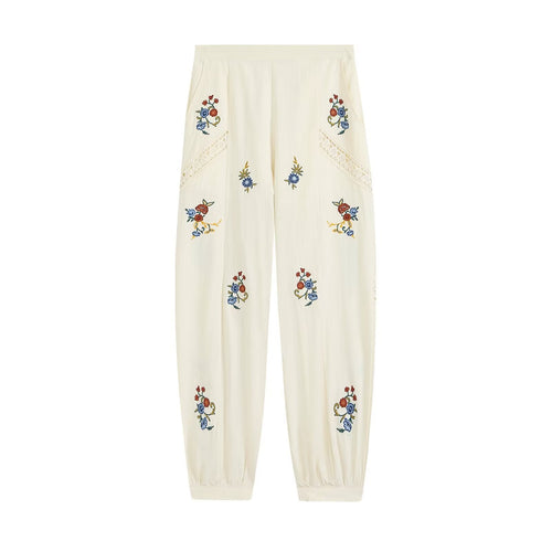 Damen Locker geschnittene Boho-Hose mit floraler Stickerei, Spitzeneinsätzen und elastischen Bündchen Echo Archiv