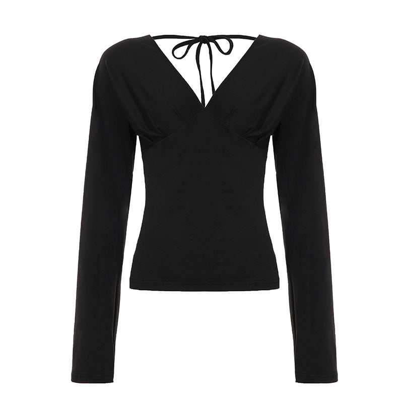 Damen nan figurbetontes Langarm-Top mit tiefem V-Ausschnitt, Nackenband zum Binden und taillierter Silhouette Echo Archiv