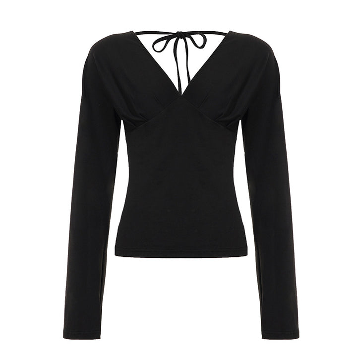 Damen nan figurbetontes Langarm-Top mit tiefem V-Ausschnitt, Nackenband zum Binden und taillierter Silhouette Echo Archiv