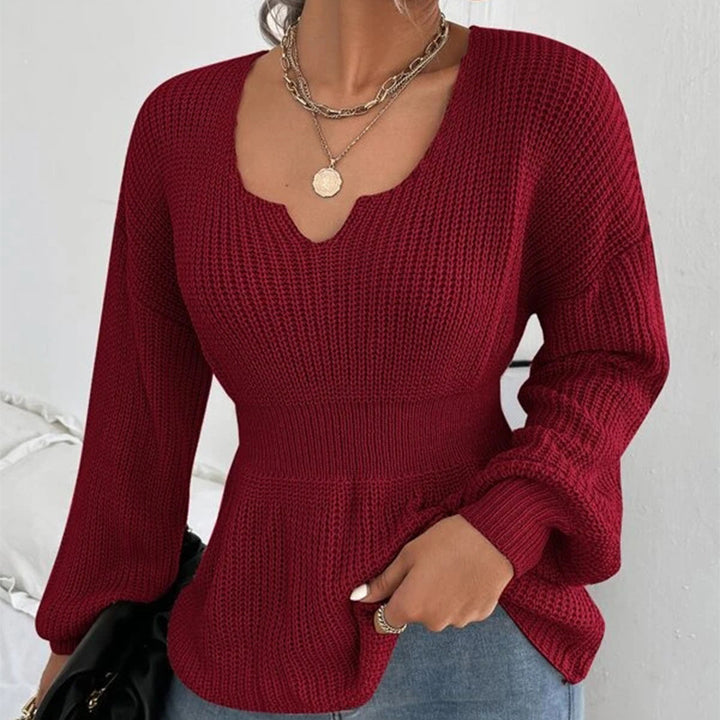 Damen Taillierter Feinstrickpullover mit eingekerbtem V-Ausschnitt, taillenbetonter Rippzone und Ballonärmeln Echo Archiv