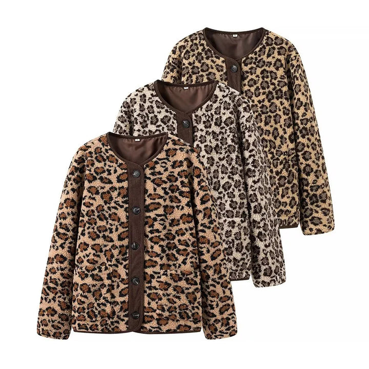 Damen Teddyjacke mit Leopardenmuster Knopfverschluss und Kordbesatz – Célinea