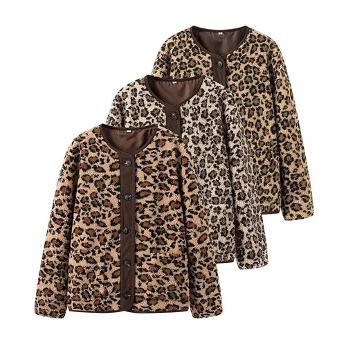 Damen Teddyjacke mit Leopardenmuster Knopfverschluss und Kordbesatz – Célinea